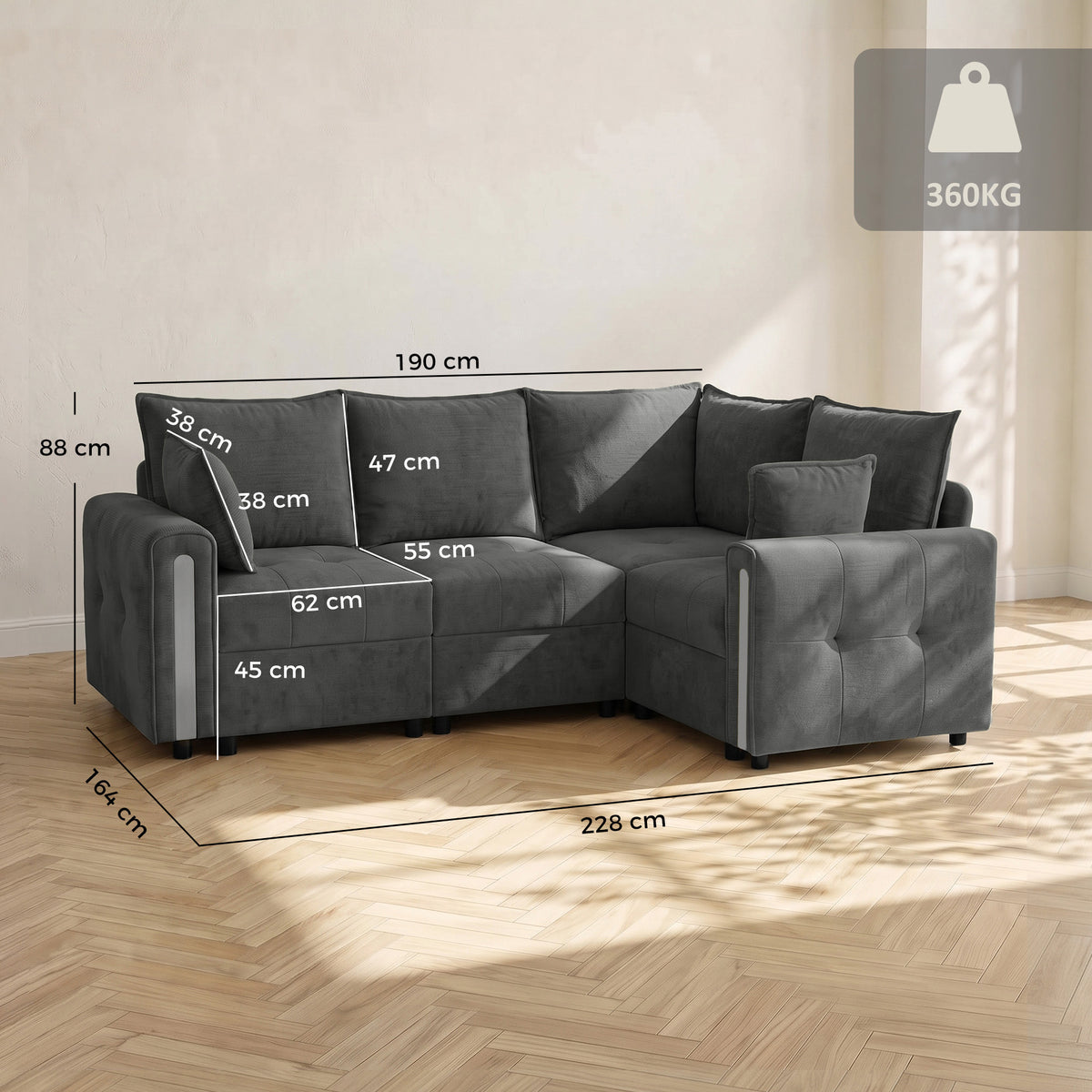 HOMCOM 228cm L Shaped Sofa with Lift-Up Storage, 3-Seater Sectional Sofa with Wide Deep Seat, Dark Grey