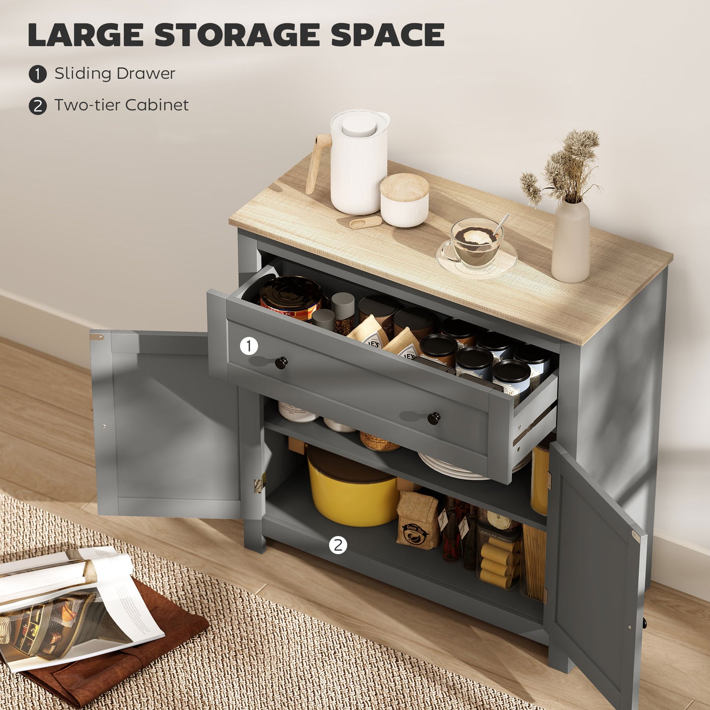 HOMCOM Sideboard Storage Cabinet, Morden Kitchen Cupboard with Adjustable Shelf, Drawer and Double Doors, Sideboard for Living Room, Dining Room, Hallway, Grey