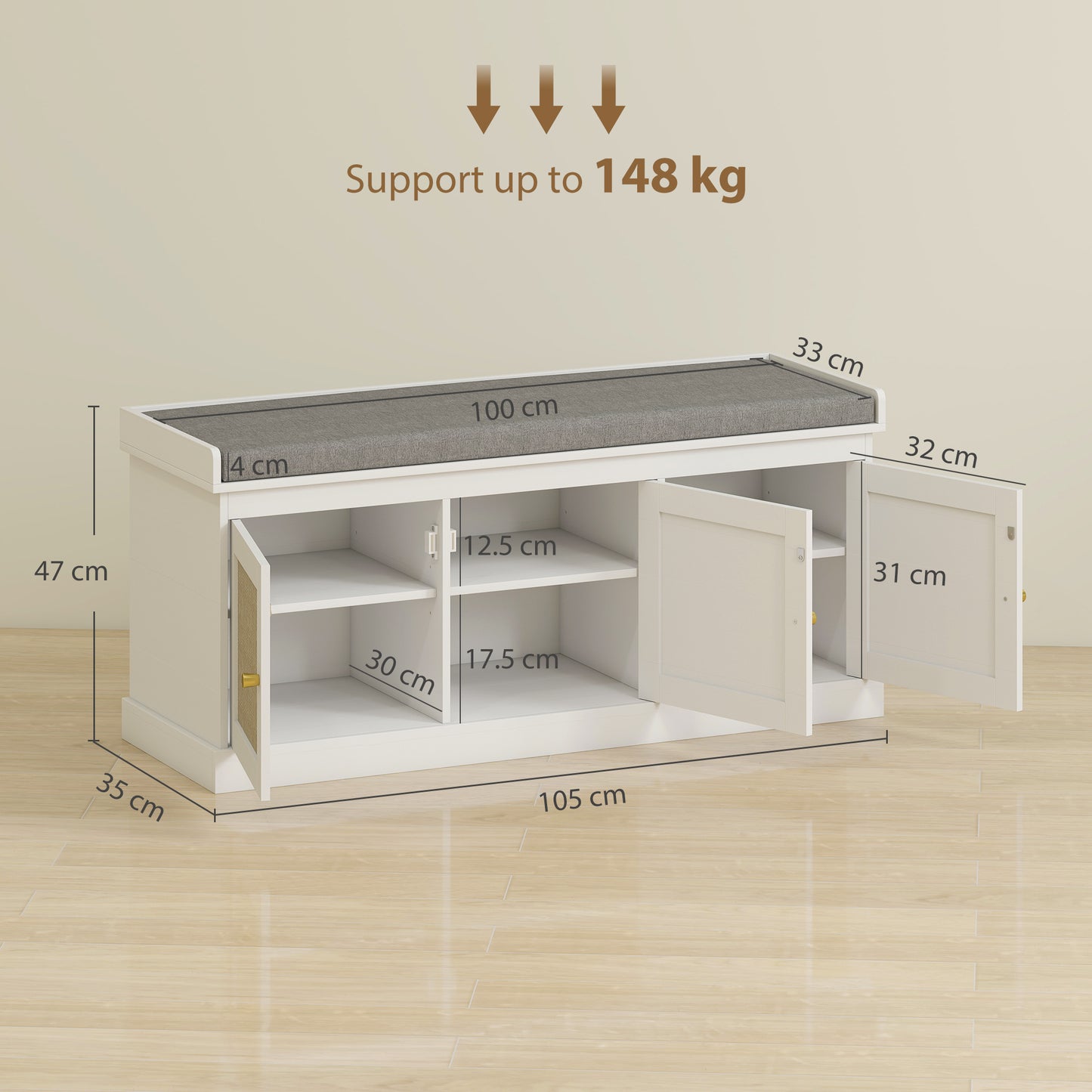 HOMCOM Shoe Storage Bench with Woven Rattan Doors, Seat - White