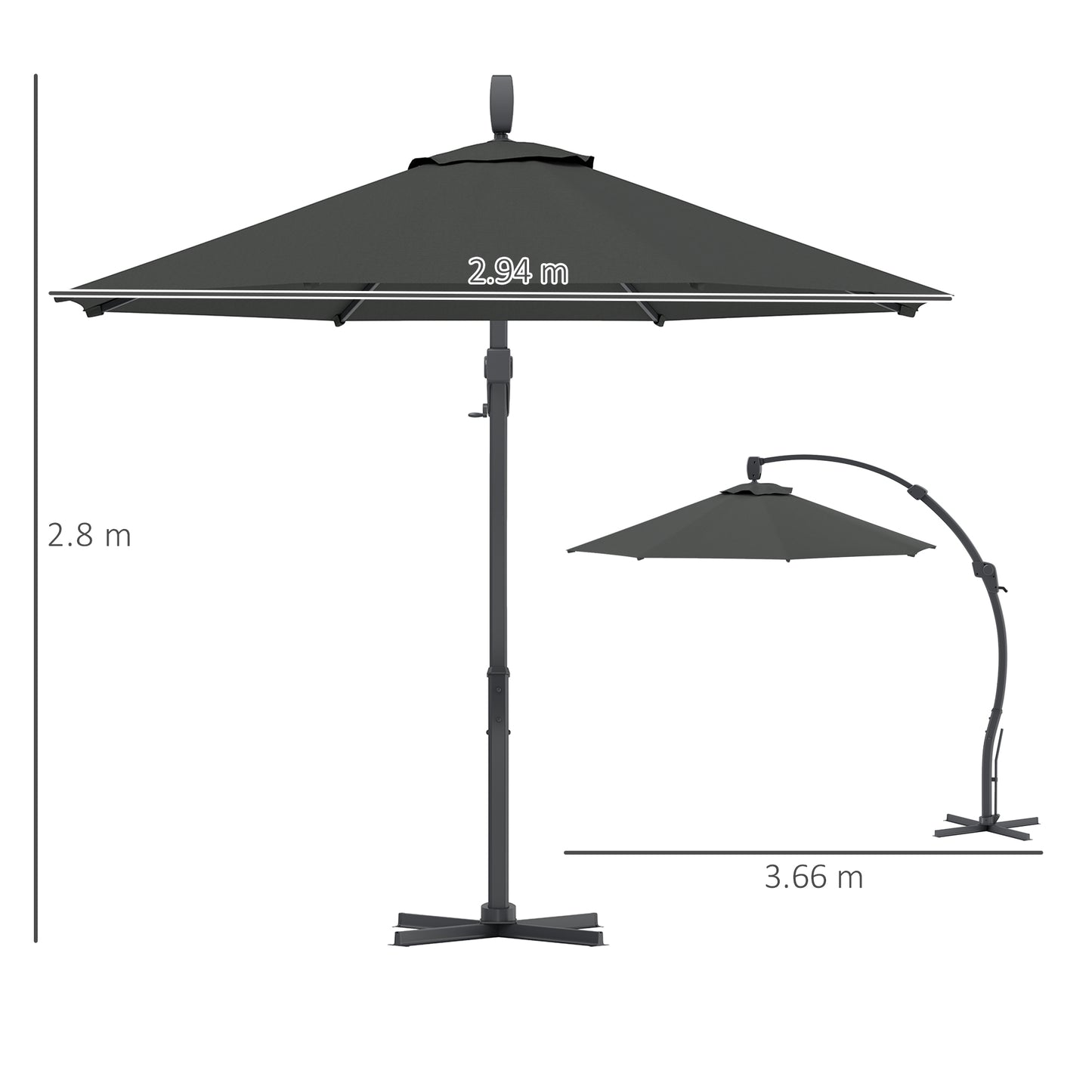 Outsunny 3(m) Garden Cantilever Parasol, Round Overhanging Umbrella with Crank Handle, Cross Base, Aluminium Frame and 360Â° Rotation, Banana Patio Umbrella for Outdoor Sun Shade, Grey