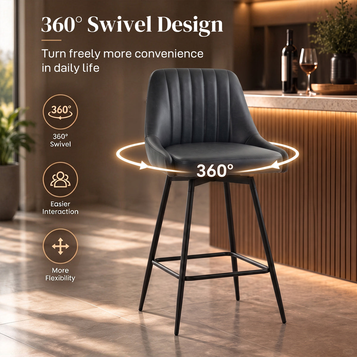 HOMCOM Bar Stools Set of 2, Swivel Counter Height Barstools with PU Leather, for Kitchen Island, Dining Room, Dark Grey