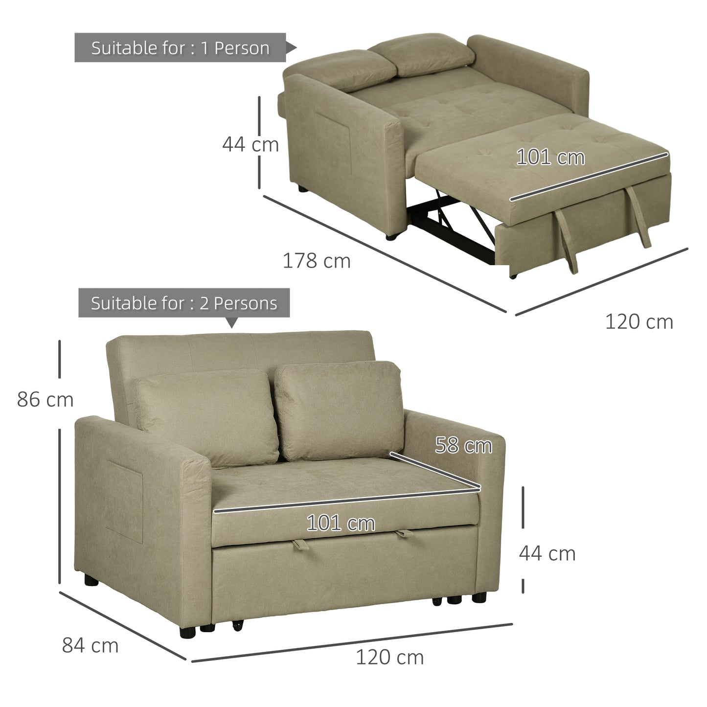 HOMCOM Loveseat Sofa Bed, Convertible Bed Settee with 2 Cushions, Side Pockets for Living Room, Light Brown