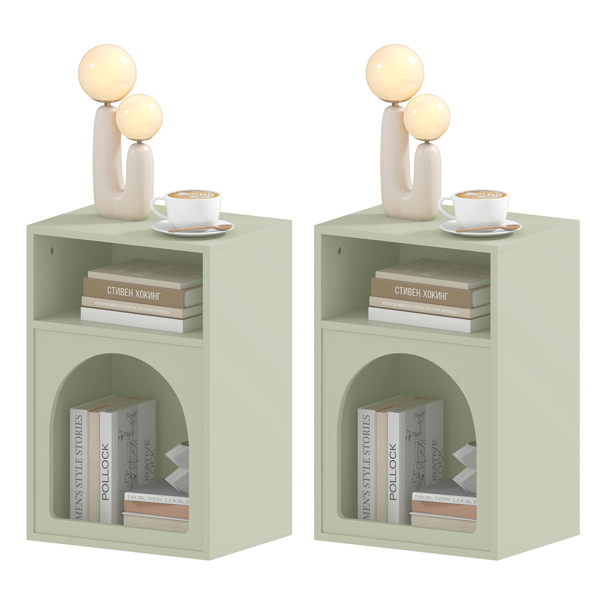 HOMCOM Set of 2 Bedside Tables with 2 Open Compartments - Light Green