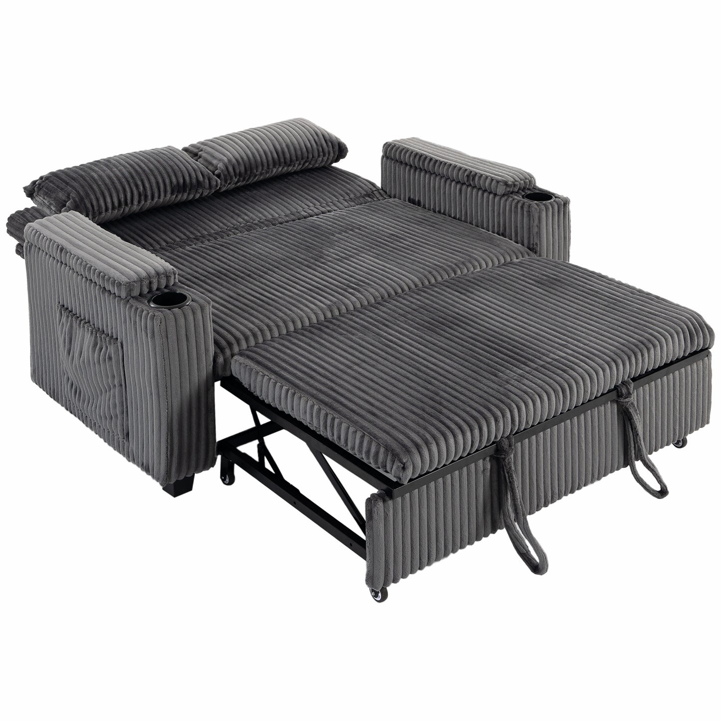 HOMCOM 2 Seater Sofa Bed, Pull Out Sleeper Sofa w/ Adjustable Backrest, Storage Armrests, Cup Holders, Side Pockets, Dark Grey