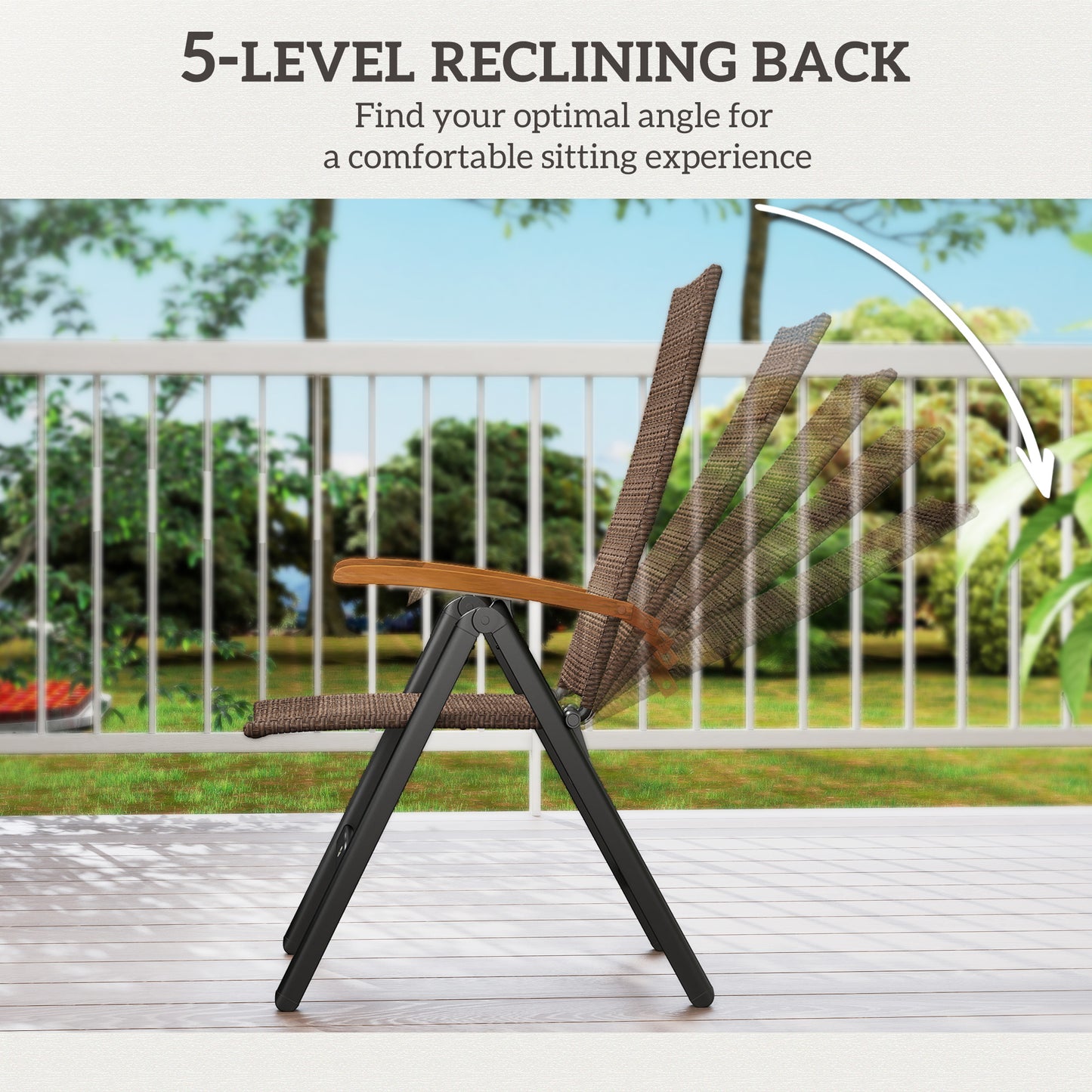 Outsunny 2 Pieces Folding Rattan Garden Dining Chairs with 5-level Reclining High Back, Wood Armrests for Outdoor - Brown