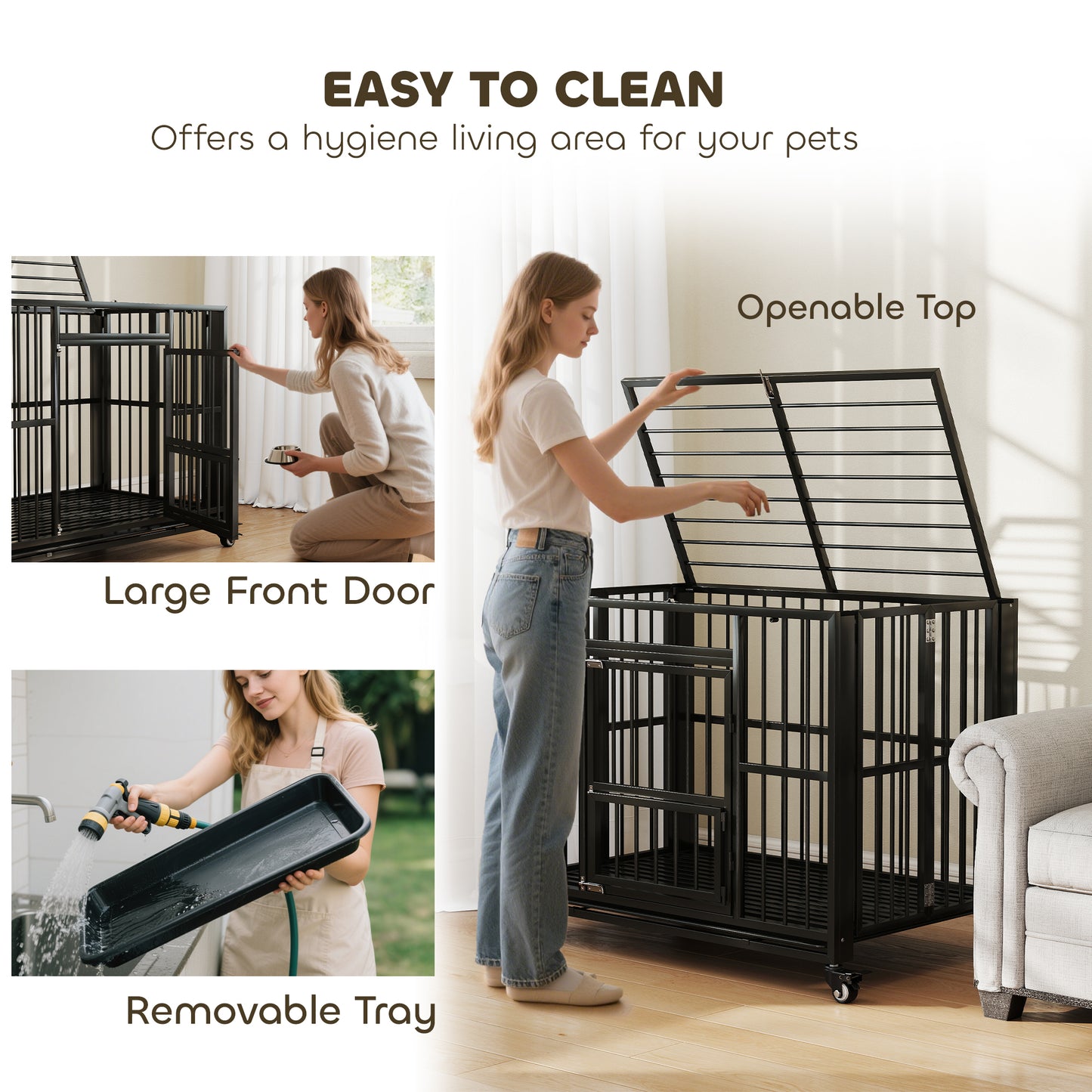 PawHut 43" Heavy Duty Dog Crate, Foldable Dog Cage, with Openable Top, Locks, Removable Tray, Wheels - Black