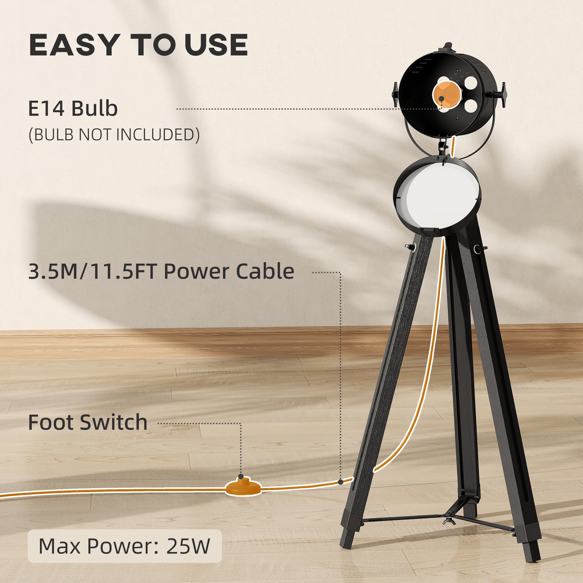 HOMCOM Industrial Tripod Floor Lamp, Nautical Searchlight with Adjustable Height, Wood Legs, E14 Lamp Base for Living Room, Bedroom, Black