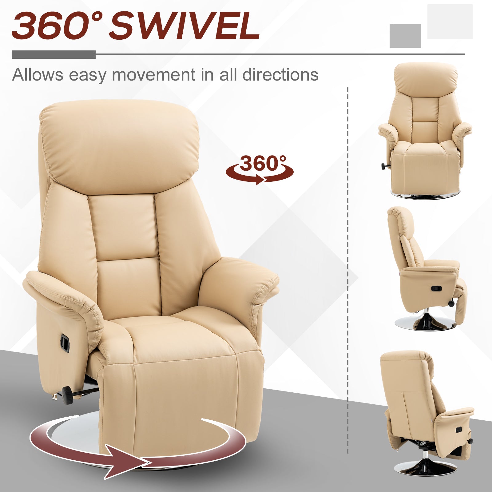 HOMCOM Adjustable Swivel Recliner, Manual Recliner Chair with Footrest, Padded Arms, PU Leather Upholstery, Beige