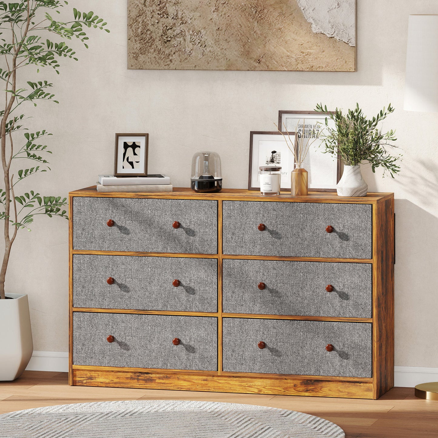 HOMCOM Chest of Drawers, Dresser with 6 Fabric Drawers - Grey and Rustic Brown