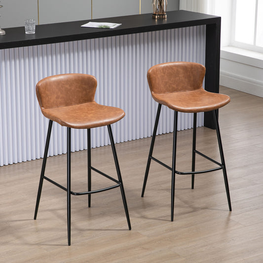 HOMCOM Bar Stools Set of 2, PU Leather Upholstered Bar Chairs, Breakfast Kitchen Counter Chairs with Backs, Steel Legs and Footrests for Dining Room, Brown