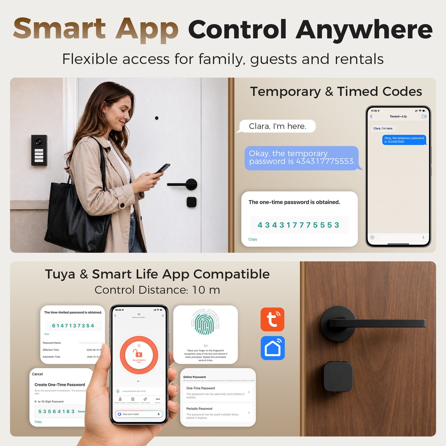HOMCOM Smart Door Cylinder, 5-in-1 (Fingerprint Biometrics/Passcode/APP/NFC Card/Key), Shared Access, Bluetooth Cylinder
