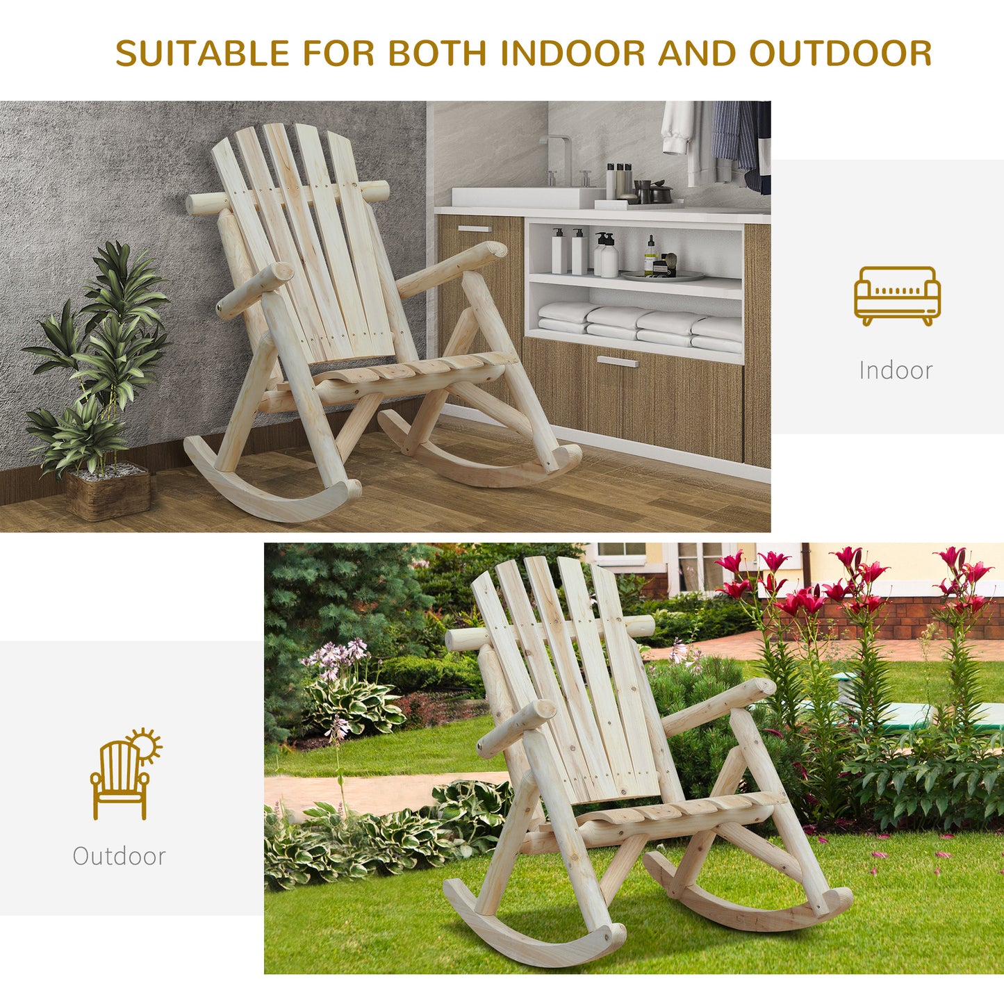 Outsunny 2 Piece Adirondack Chair Cedar Wood Ergonomic Rocking Chair Porch Rocker Garden Traditional - Burlywood