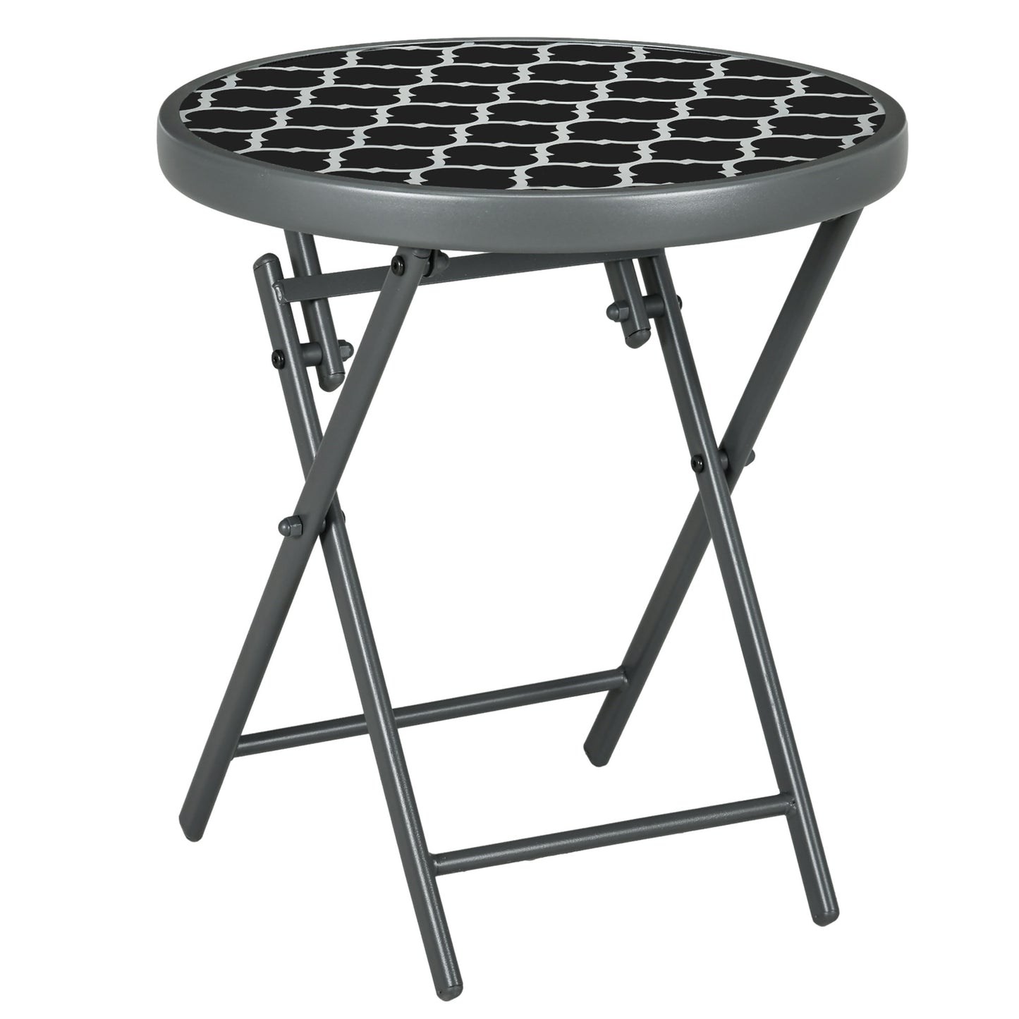 Outsunny Î¦45cm Garden Side Table, Outdoor Round Folding Patio Table with Imitation Marble Glass Top, Small Coffee Table, Black and White
