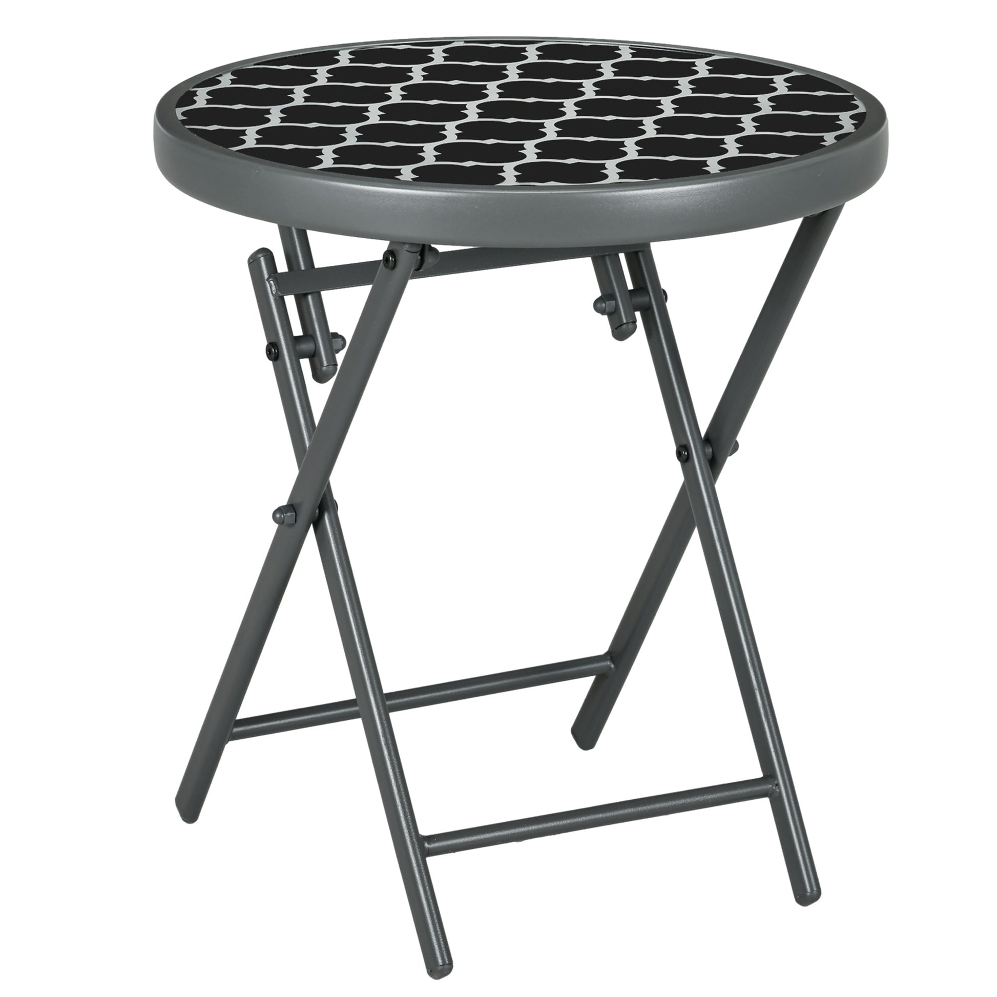 Outsunny Î¦45cm Garden Side Table, Outdoor Round Folding Patio Table with Imitation Marble Glass Top, Small Coffee Table, Black and White