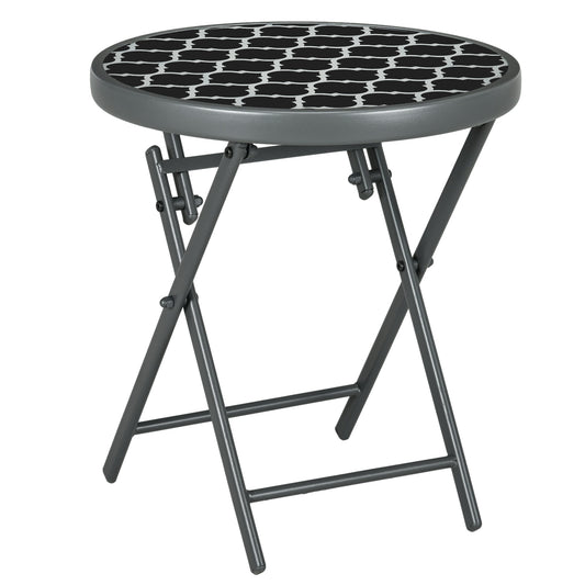 Outsunny Î¦45cm Garden Side Table, Outdoor Round Folding Patio Table with Imitation Marble Glass Top, Small Coffee Table, Black and White