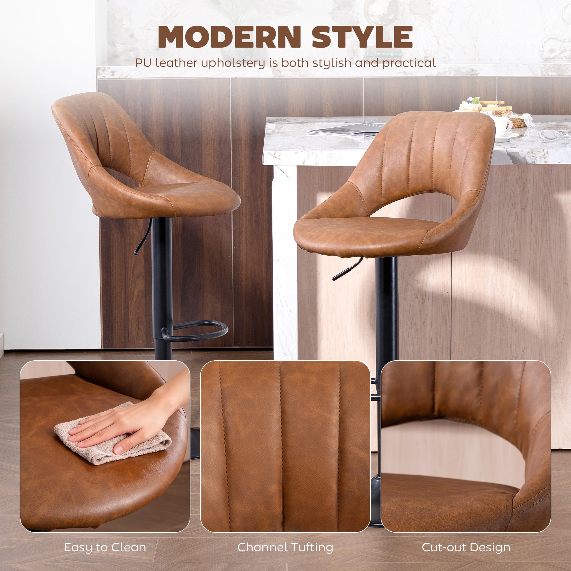 HOMCOM Bar Stools Set of 2, PU Leather Swivel Barstools with Backrest and Footrest for Kitchen, Counter, Breakfast Bar, Brown