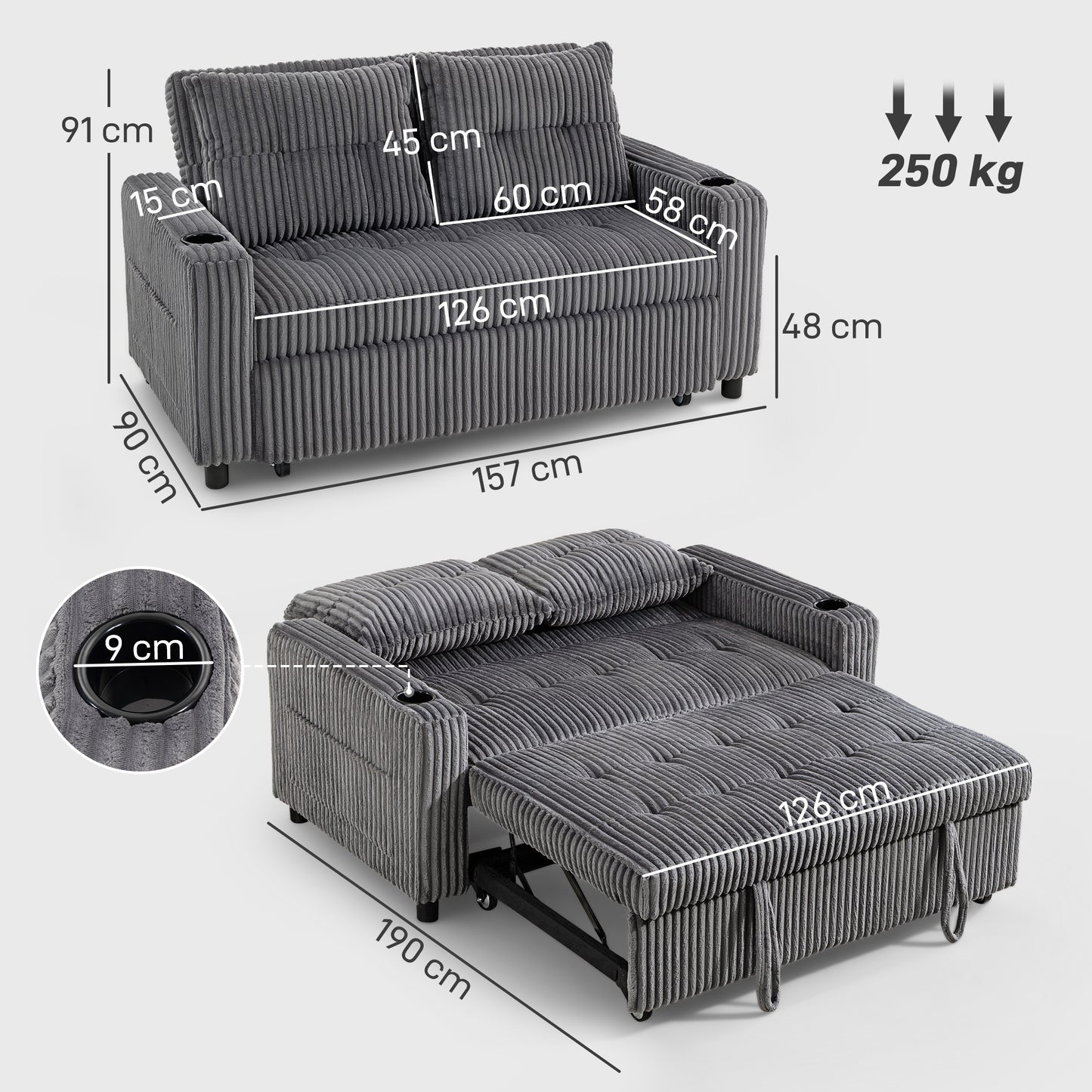 HOMCOM 2 Seater Click Clack Sofa Bed with Pull Out Design, Corduroy Upholstery - Charcoal Grey
