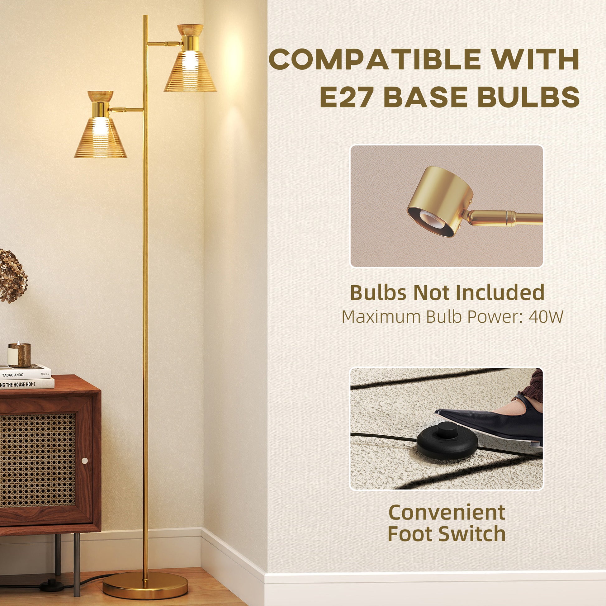 HOMCOM Floor Lamp with Adjustable Dual Head, Modern Standing Lamp with Floral Glass Shades and Foot Switch for Living Room Bedroom, E27 Socket, Bulb Not Included, Gold Tone