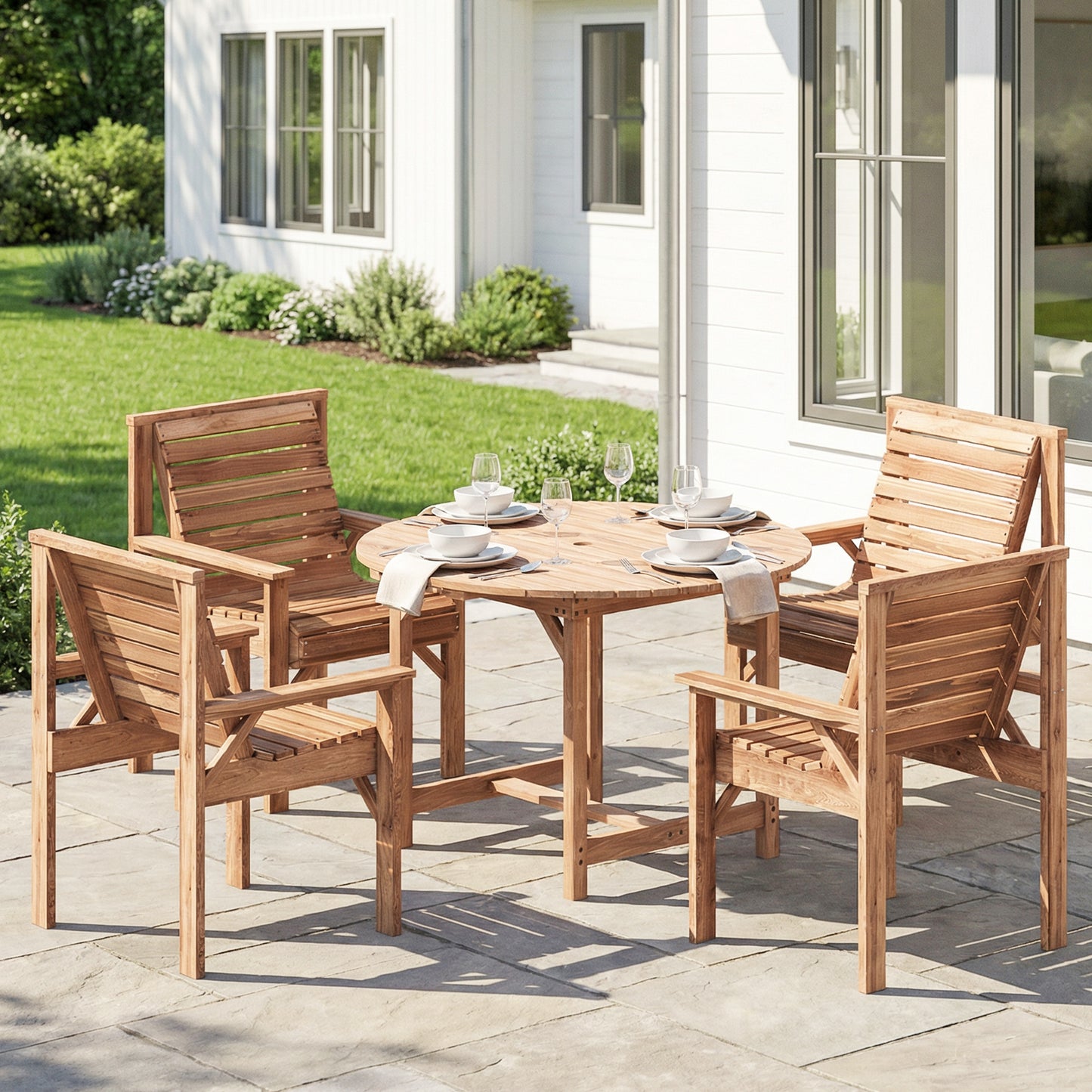 Outsunny 5 Pieces Garden Dining Set with Parasol Hole, Round Outdoor Table and Chairs, 4 Seater Wooden Garden Furniture, Natural