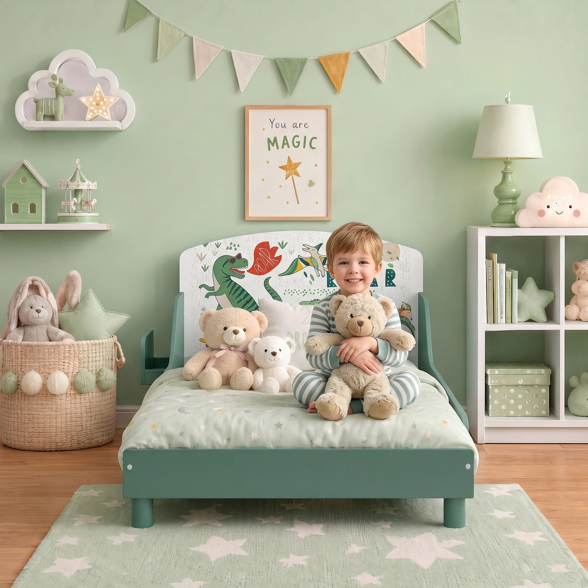 AIYAPLAY Toddler Bed with Bedside Storage and Guard Rails for 3-8, Fits 140 x 70 x 10cm Mattress, Green Dinosaur Print