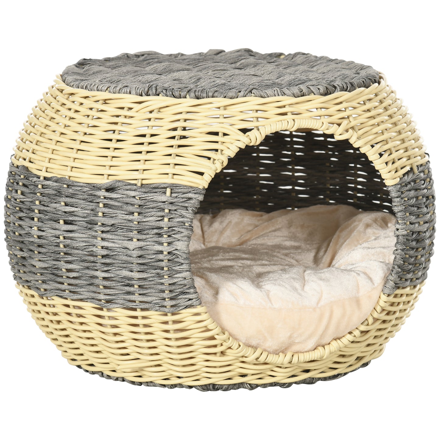 PawHut Wicker Cat House, Rattan Raised Cat Bed, Cosy Kitten Cave with Soft Washable Cushion, Î¦40 x 30cm