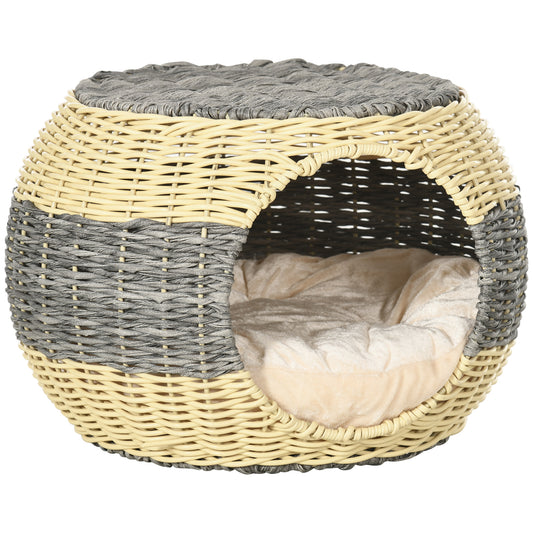 PawHut Wicker Cat House, Rattan Raised Cat Bed, Cosy Kitten Cave with Soft Washable Cushion, Î¦40 x 30cm