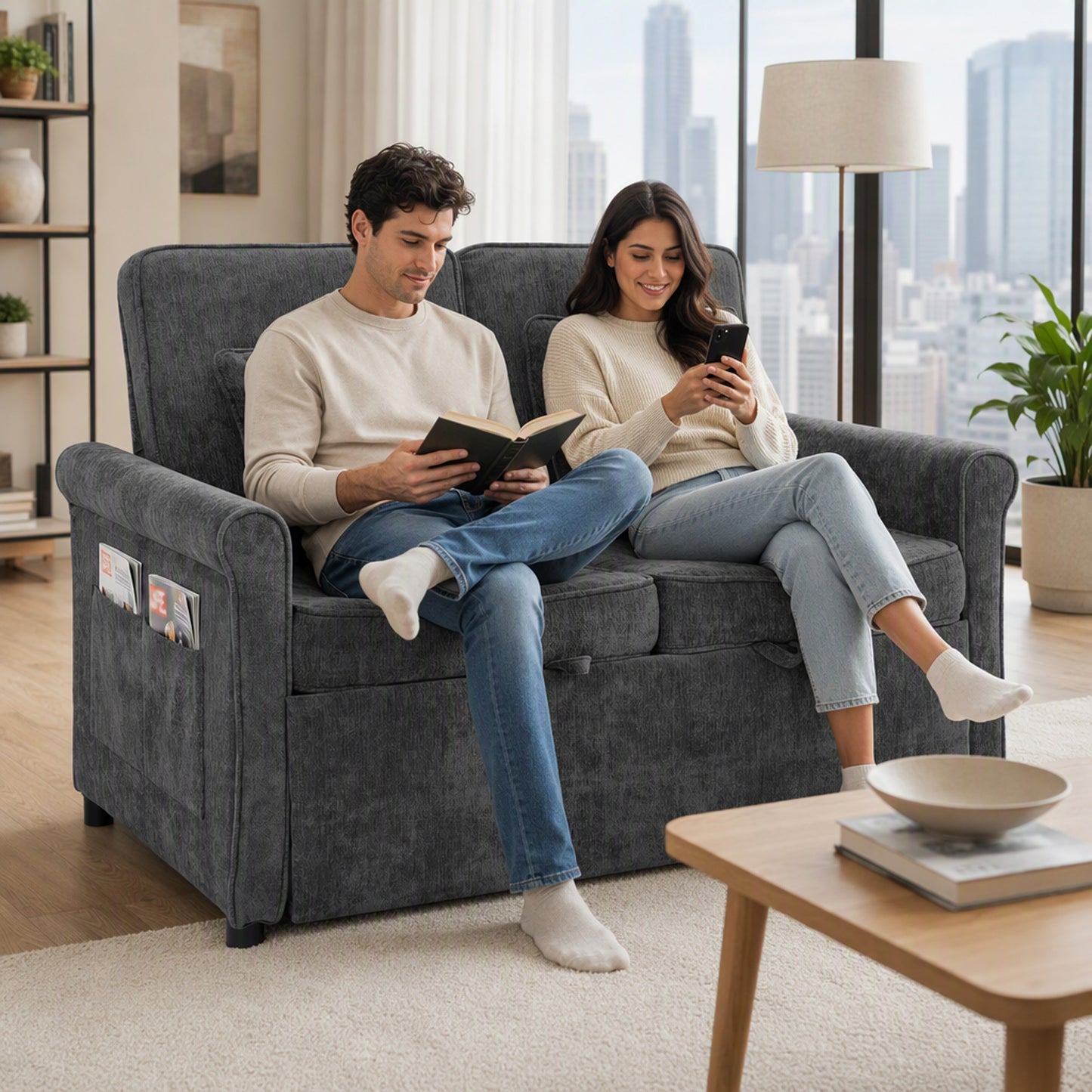 HOMCOM 2 Seater Sofa Bed 3-in-1 Convertible Chenille Pull Out Sleeper Sofa with 5-Position Adjustable Backrest, Grey