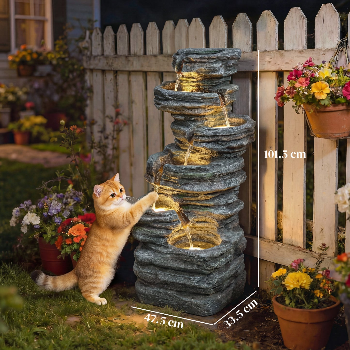 Outsunny Outdoor Fountain, 6-Tier Cascading Waterfall Feature with LED Lights, Resin Freestanding Garden Fountain, Grey