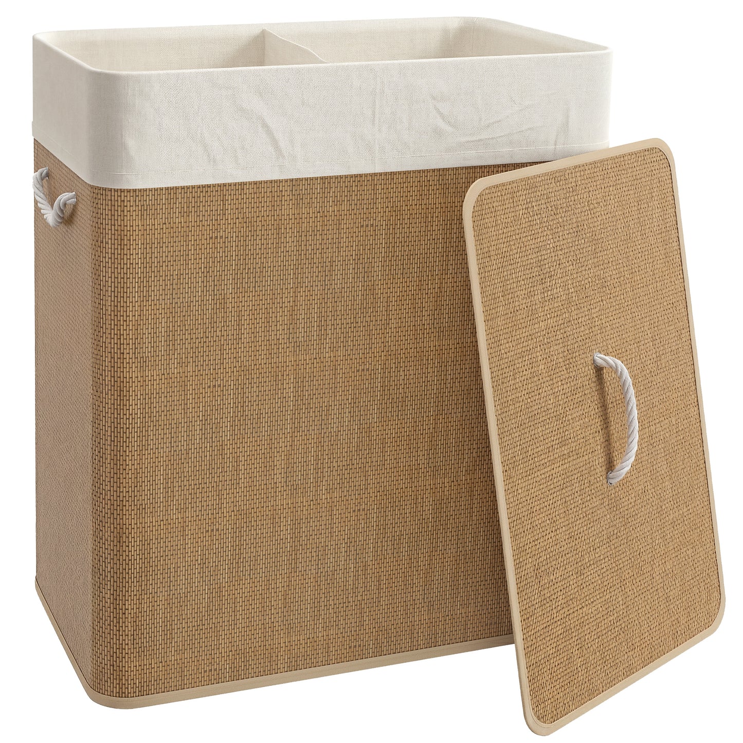 HOMCOM 2 Section Laundry Basket with Lid, 100L Bamboo Laundry Hamper with Handles, Removable and Washable Liner, Brown