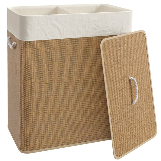 HOMCOM 2 Section Laundry Basket with Lid, 100L Bamboo Laundry Hamper with Handles, Removable and Washable Liner, Brown