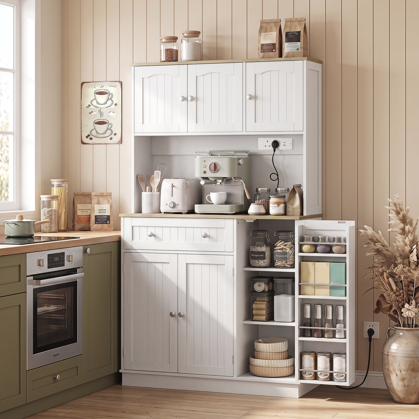 HOMCOM 173 cm Tall Kitchen Cupboard with Charging Station, Pantry Storage Cabinet with Adjustable Shelves and 5 Door Racks