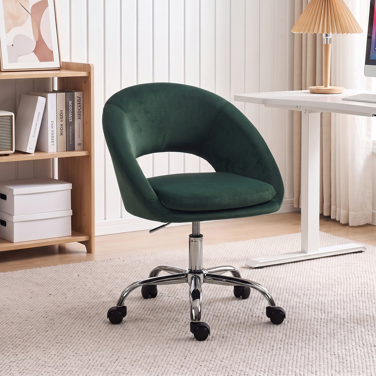 HOMCOM Velvet Desk Chair, Modern Office Chair with Height-Adjustable, Wheels, for Home Study Bedroom, Dark Green