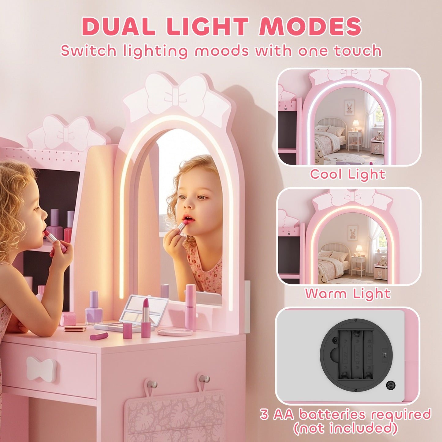AIYAPLAY Kids Dressing Table, 3-in-1 Girls Vanity Set with Stool, 2-Colour Lights Mirror, Clothes Rack for Ages 3-8, Pink