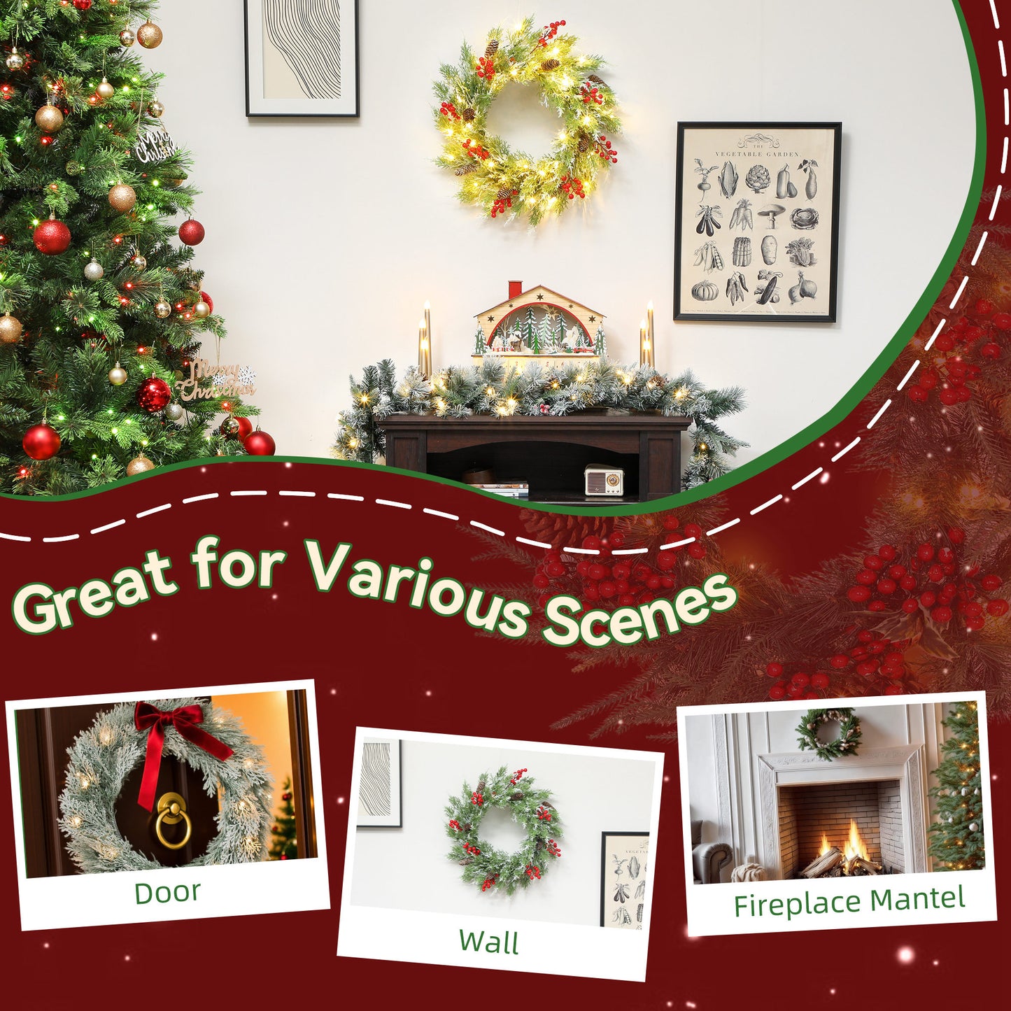 HOMCOM 60 cm Prelit Christmas Wreath, Door Wreath with Realistic Branches, 30 Warm White LEDs, Timer, Battery Operated