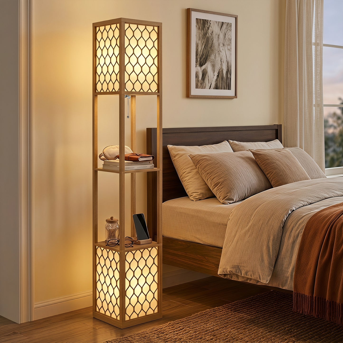 HOMCOM Floor Lamp with Shelves, Modern Tall Standing Lamp with Fabric Lampshades, Zipper Switch, Natural Wood Finish