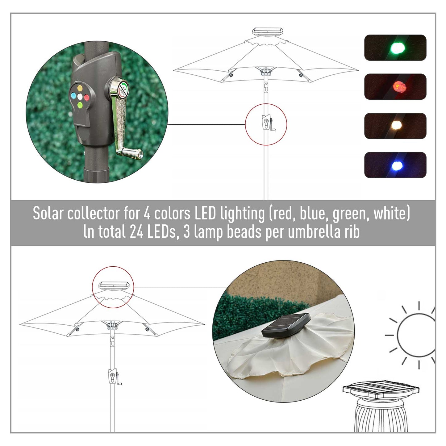 Outsunny Î¦2.7m Garden 24 LED Light Parasol Solar Outdoor Tilt Sun Umbrella Patio Club Party Event Manual Sun Shade w/ Hand Crank and 8 Ribs, Off-white