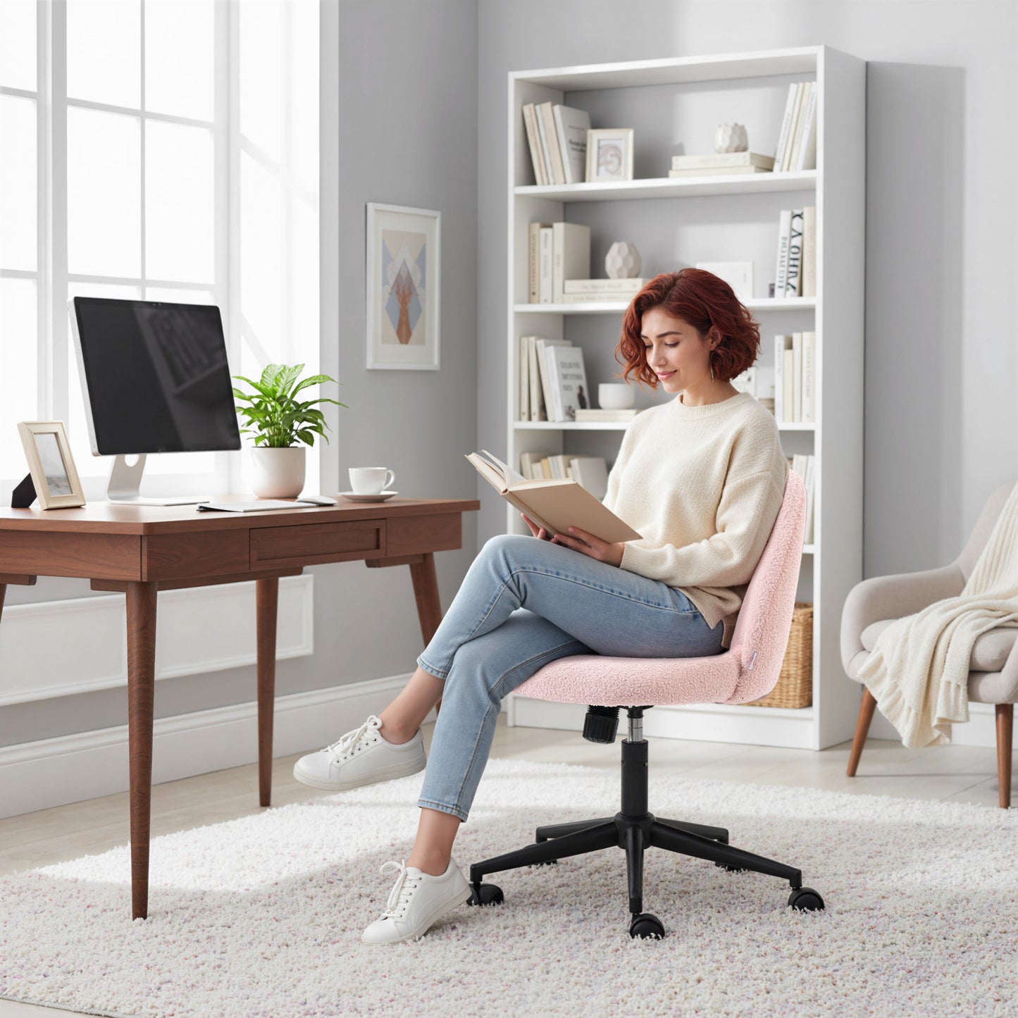 HOMCOM Teddy Fleece Office Chair with Wheels - Light Pink