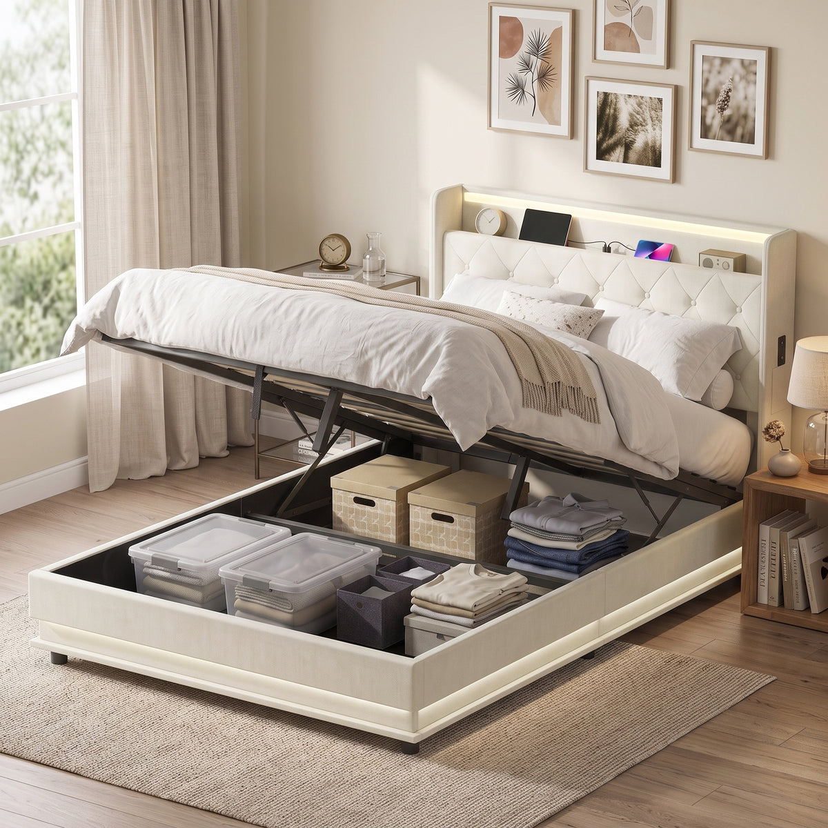 HOMCOM 4ft6 Double Bed Frame with Headboard, Platform Bed Frame with Hydraulic Storage, LED Lights and Charging Station, Cream