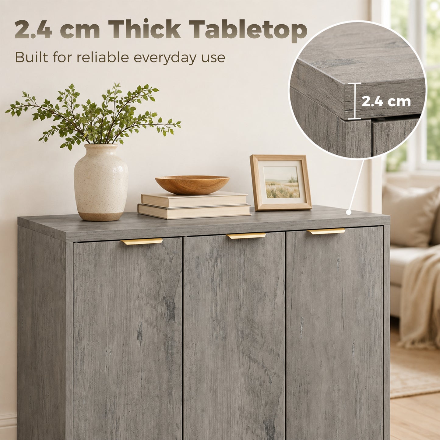 HOMCOM Sideboard Cabinet, Modern Storage Cabinet with 3 Doors and Adjustable Shelves for Living Room, Dining Room, Grey