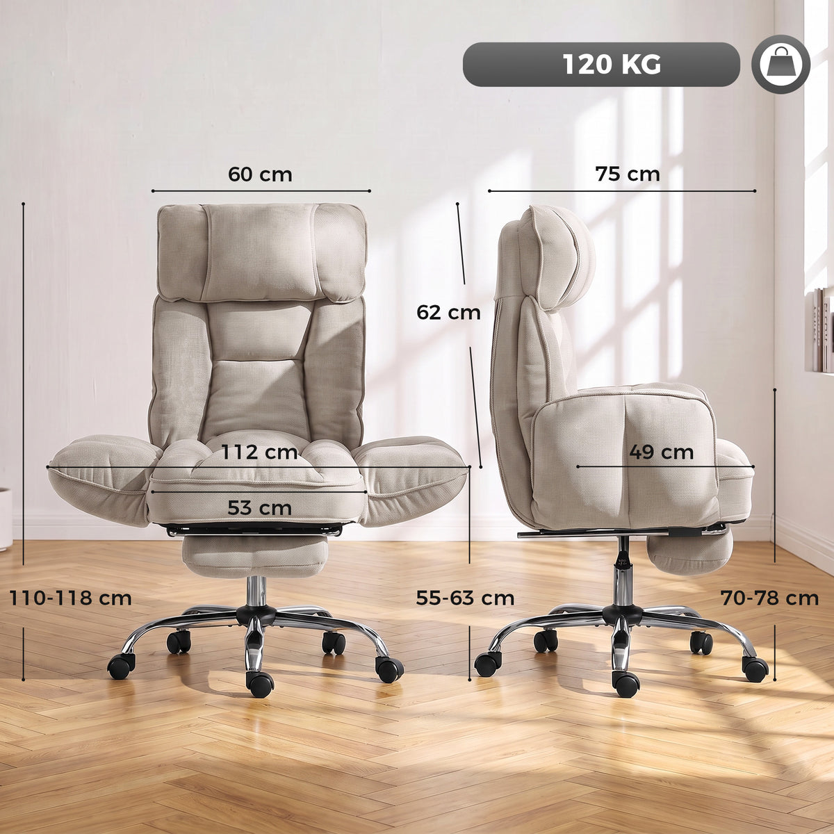 HOMCOM Executive Office Chair Height Adjustable Desk Chair Reclining Flip-up Armrest Footrest, Beige