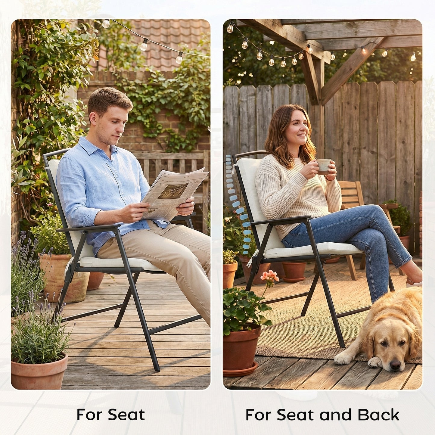 Outsunny Outdoor Seat Cushions Set of 2 with Ties, Waterproof Garden Seat Pads, Cream White