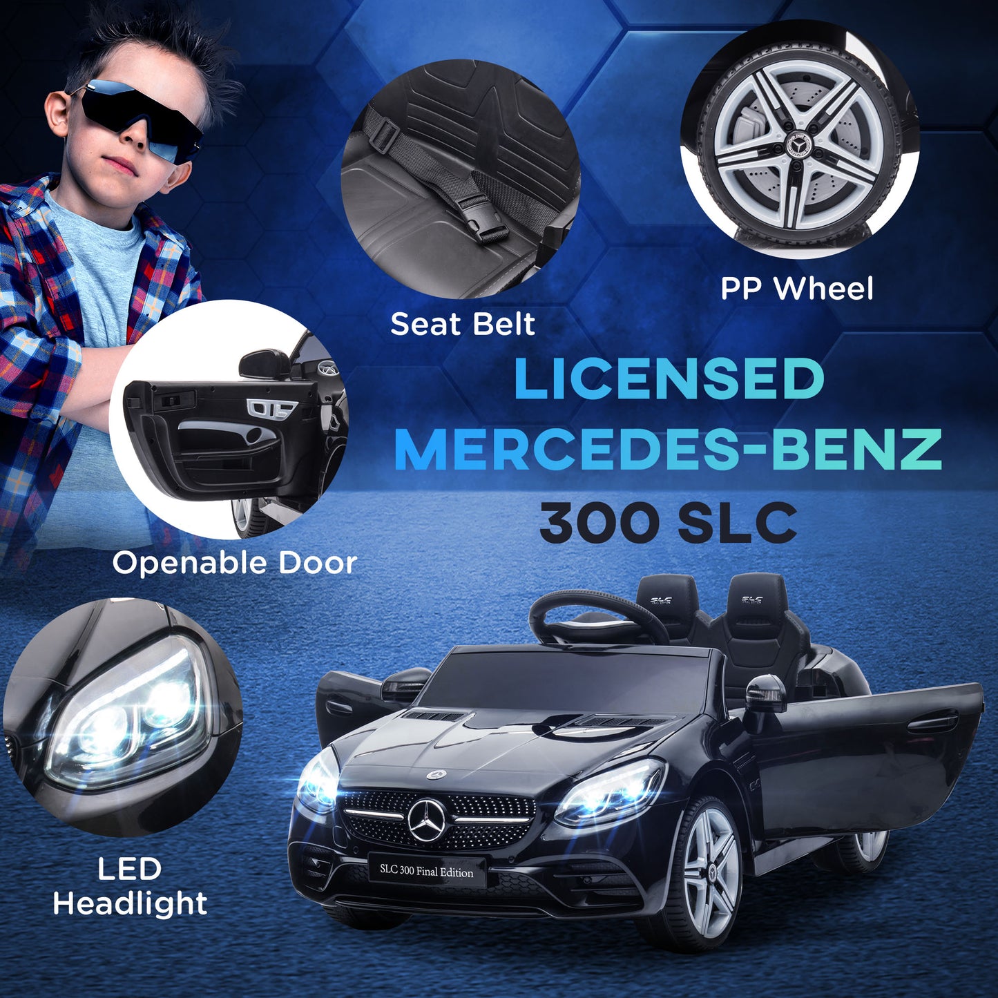 HOMCOM Benz SLC 300  Licensed 12V Kids Electric Ride On, with Music, Remote Control, LED Headlights, Horn, Black