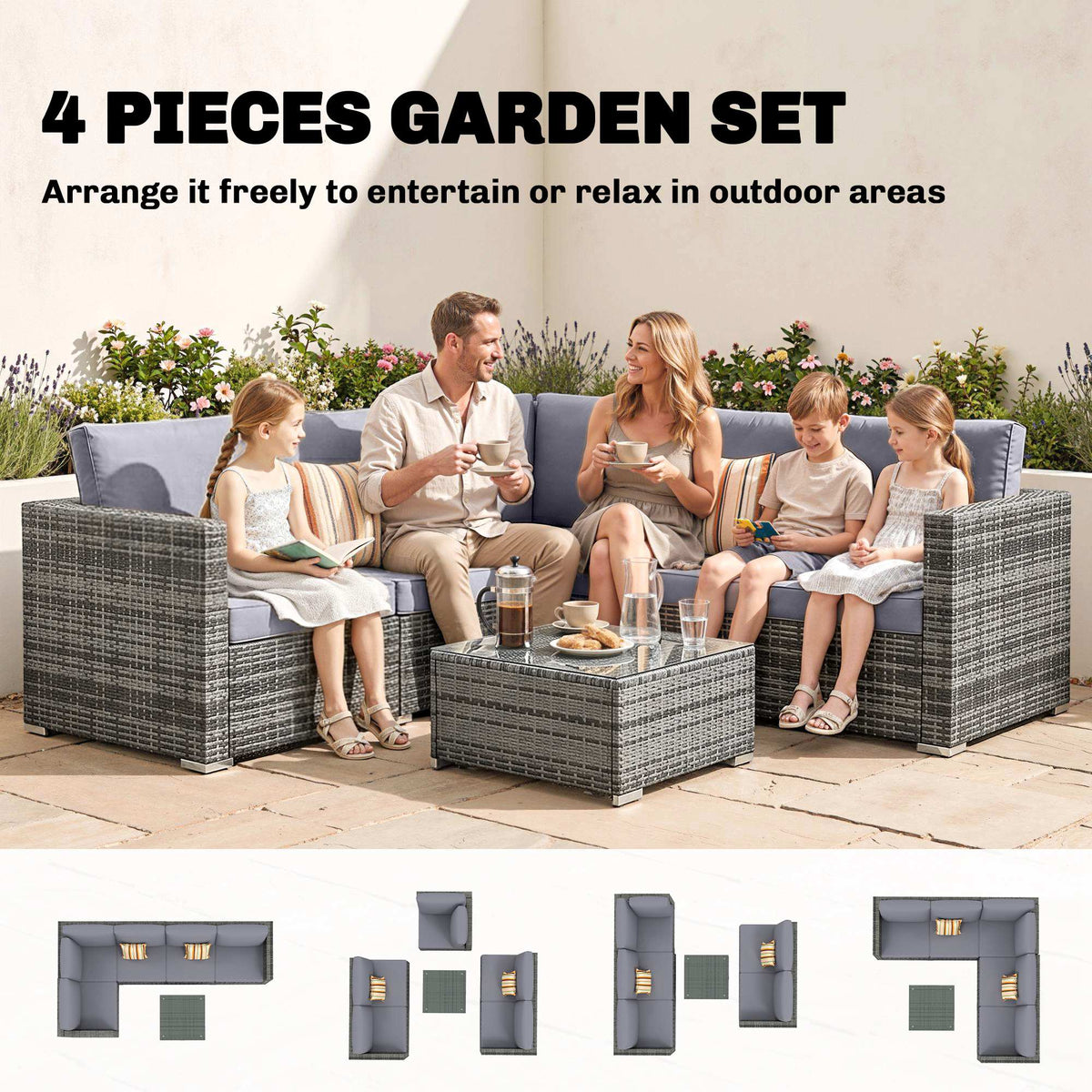 Outsunny Luxury 5 Seater Rattan Garden Furniture Set, 4 Pieces Outdoor Patio Conversation Set with Wide Seats, 220gsm Polyester Cushions, Tempered Glass Table, Corner Sofa, Loveseat, Grey