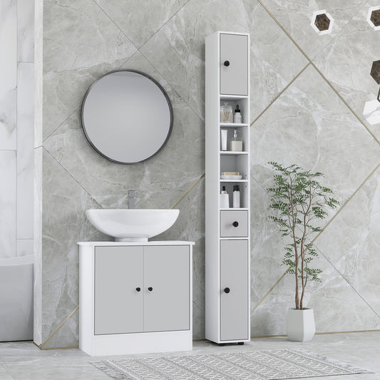 kleankin 180cm Slim Bathroom Cabinet, with Drawer, Shelves and Cupboards - Light Grey