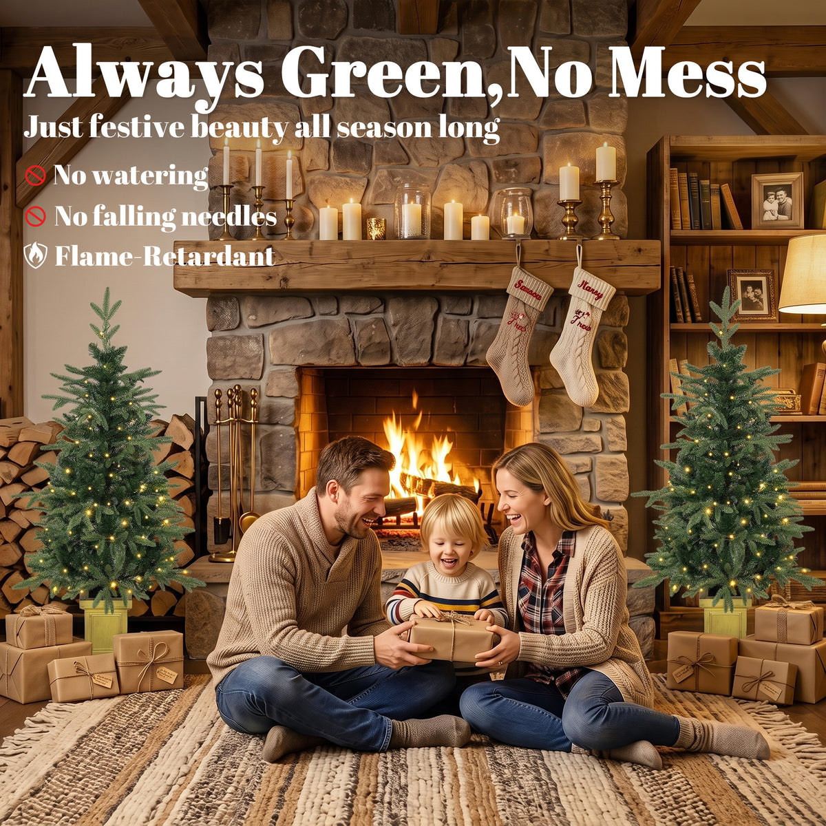 HOMCOM Set of 2 Prelit Christmas Trees with Dual-Colour LEDs, Remote, 4ft Artificial Aspen Fir Battery-Operated, 11 Modes, Pot