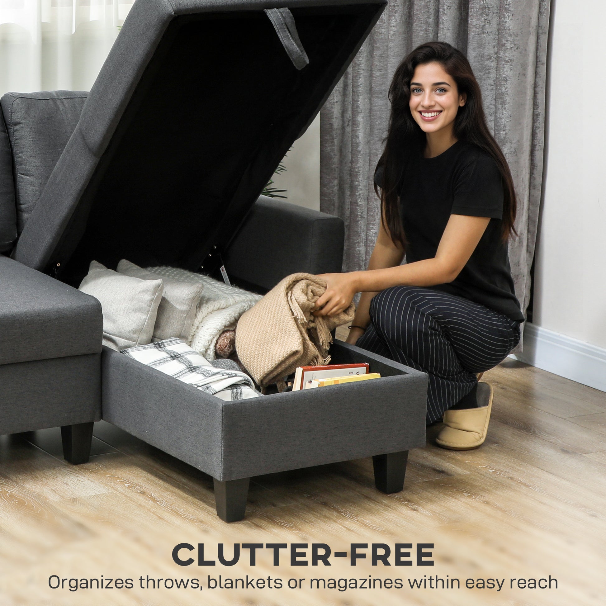 HOMCOM Three-Seater Storage Sofa Bed - Charcoal Grey