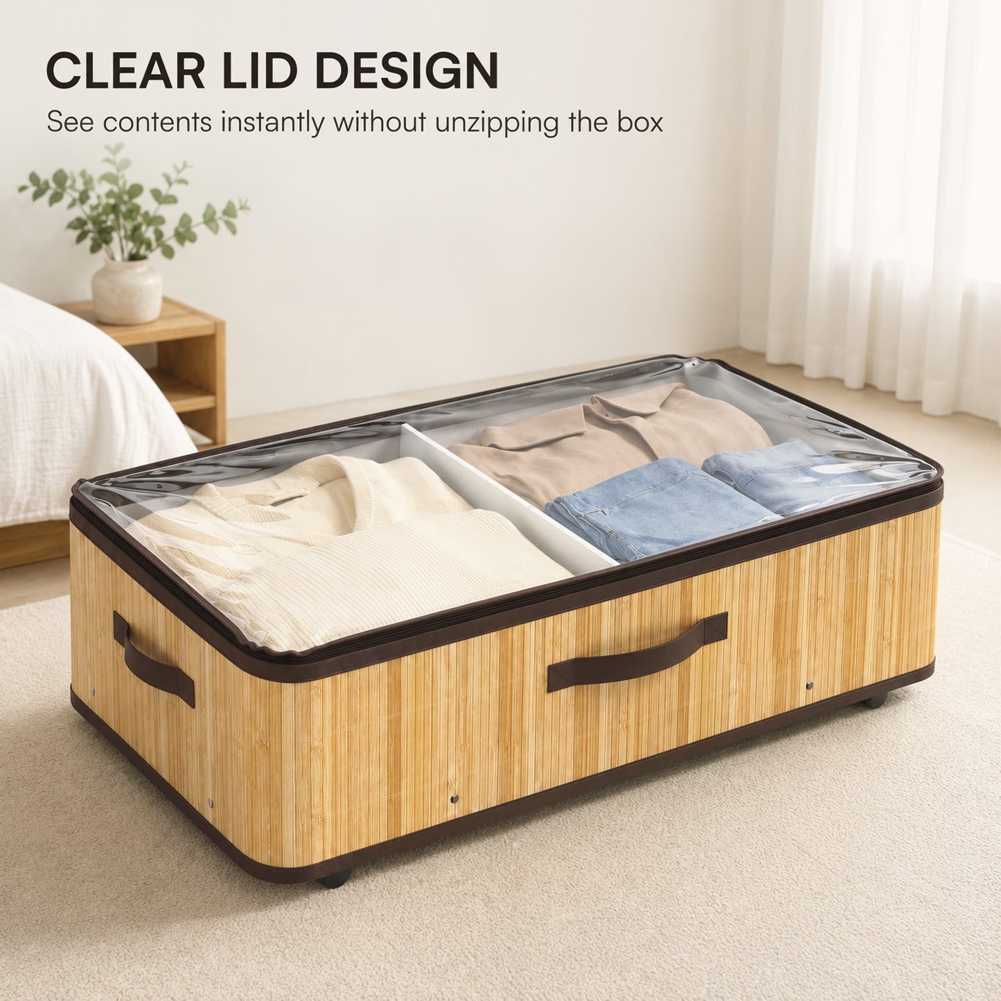 HOMCOM 60L Under Bed Storage with Wheels Pack of 2, Underbed Storage Box with Clear Lid Cover and Reinforced Handle, Natural