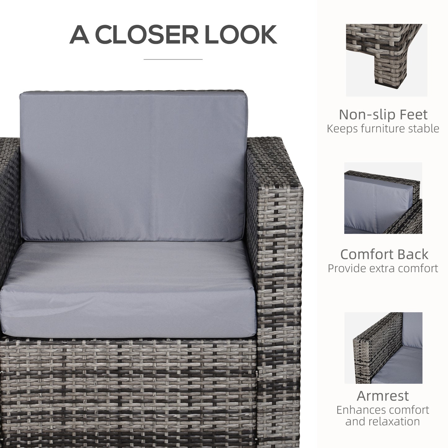 Outsunny Rattan Garden Armchair 10cm Cushion Outdoor Single Chair with Steel Frame, Grey