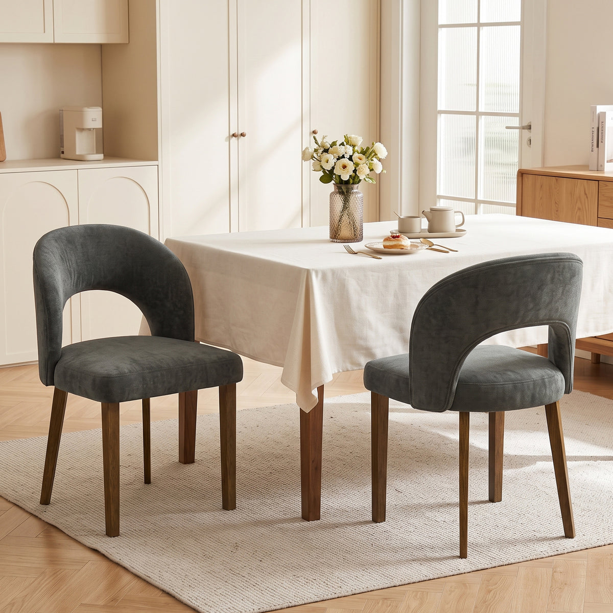 HOMCOM Modern Dining Chairs Set of 2, Chenille Upholstered Ergonomic Kitchen Chairs with Thick Padded Seat, Backrest Dark Grey