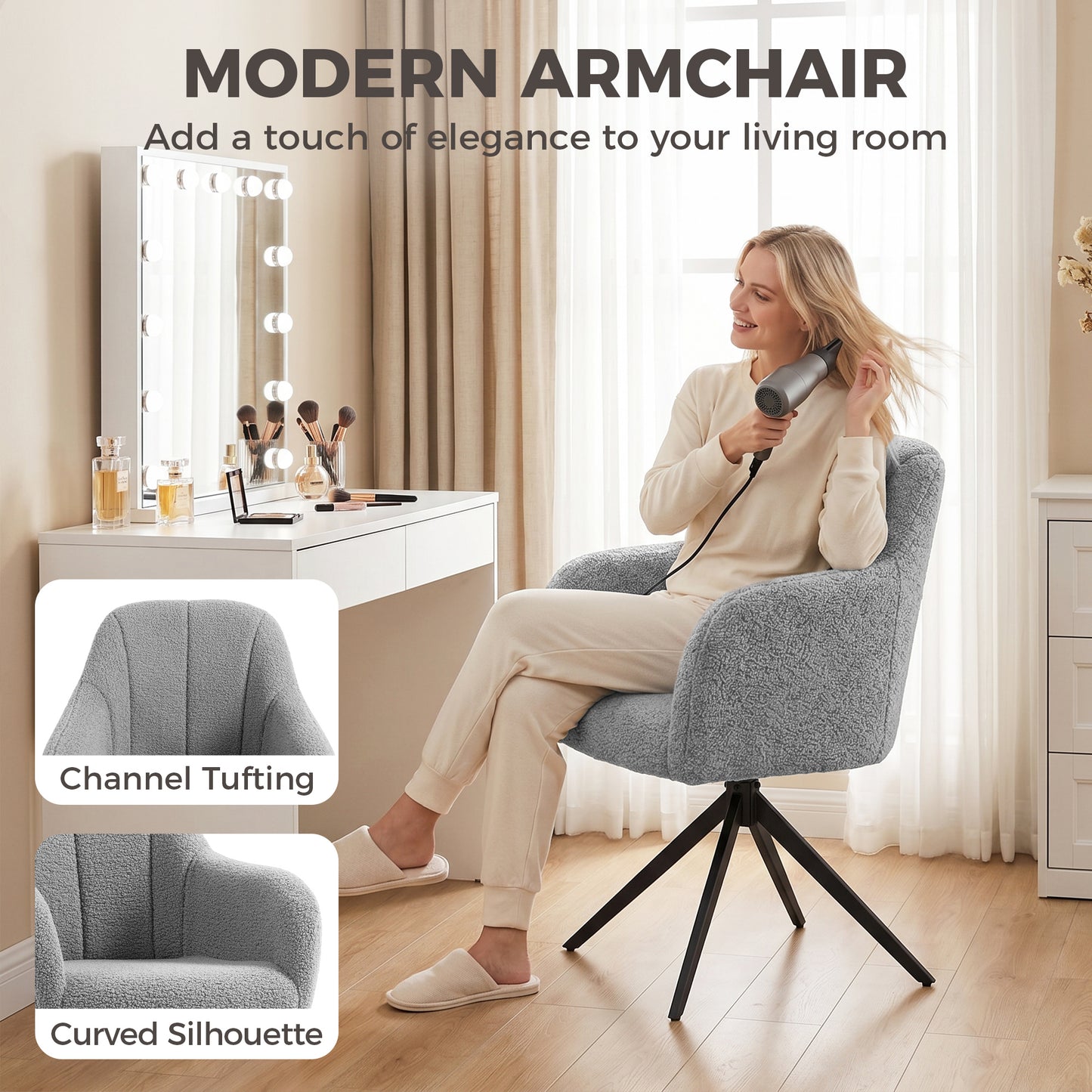 HOMCOM 360 Degree Swivel Accent Chair, Snow Flannel Armchair, Grey